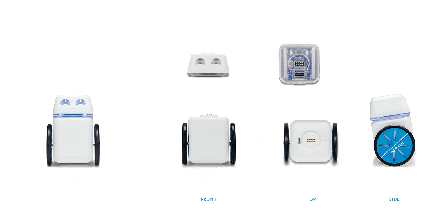 KUBO robot dimensions: 89.55 mm tall and 68.5 mm wide from the front, head 54 by 29.52 mm, body 53.61 by 60.03 mm, wheels 53.9 mm